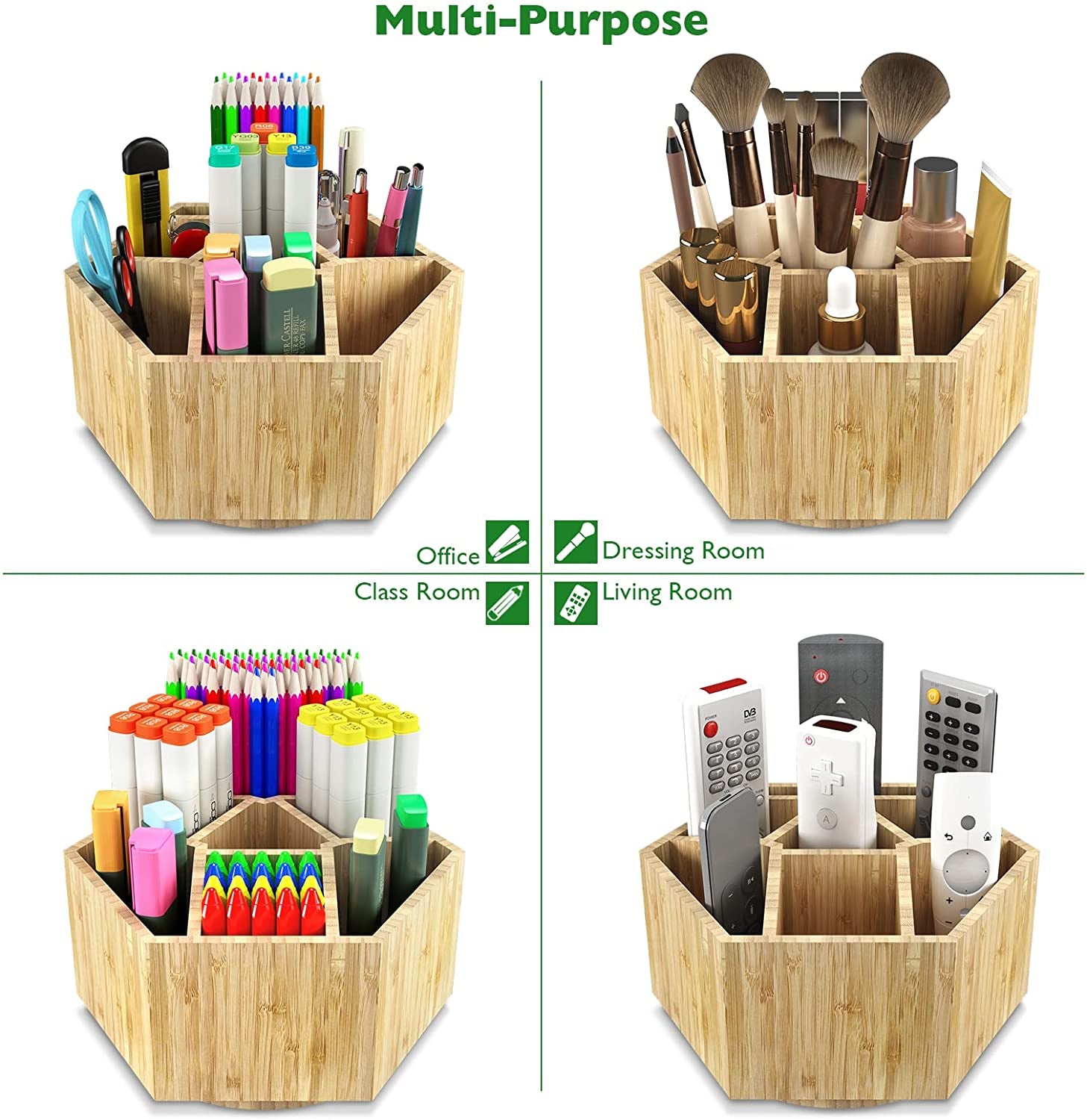 Bamboo Art Supply Organizer, Back to School Supplies, Hold 350+ Pencils, Rotating School Supplies Holder for Pen, Colored Pencil, Art Brushes, Desktop Storage Caddy for Classroom & Art Studio