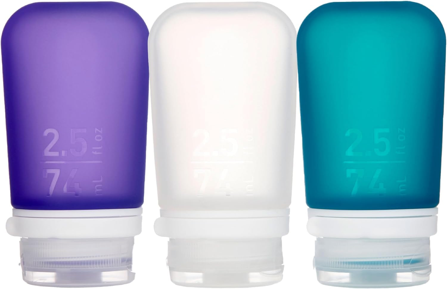 Gotoob+ 3-Pack (Medium) | Refillable Silicone Travel Bottle | Locking Lid | Food-Safe Material, Clear/Purple/Teal, Medium (2.5 Fl.Oz.; 74Ml)